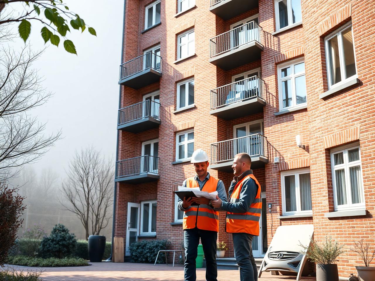 Två hantverkare som går igenom ritningar utanför ett flerbostadshus